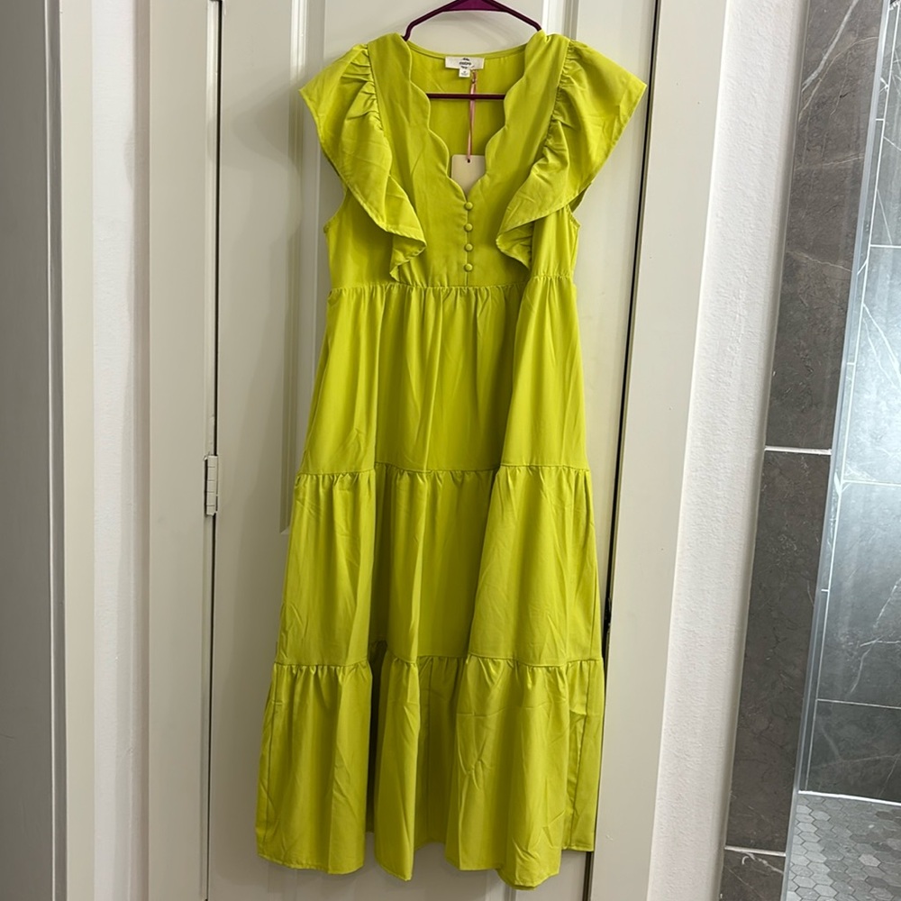 Entro, electric yellow midi dress with pockets, NWT